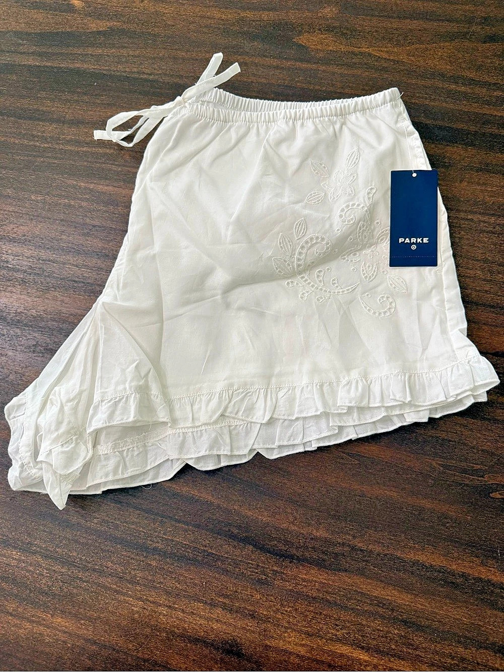 Parke x Target White Cotton Woven Shorts with Ruffle Hem and Embroidery